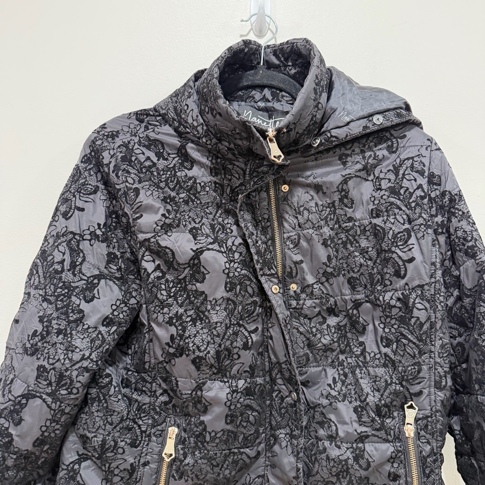 Nanette Lepore Black Lace Overlay Puffer Jacket | Hooded Zip Coat | Size Large - Picture 2 of 8